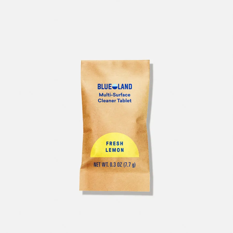 A single kraft-paper Blueland Multi-Surface Cleaner Tablet refill pouch labeled 'Fresh Lemon', on a plain light gray background.