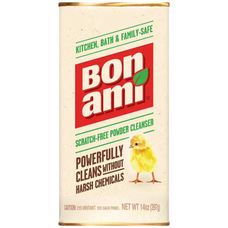 A cream-colored cylindrical can of Bon Ami Scratch-Free Powder Cleanser with a red logo band and an illustrated chick, on a white background.