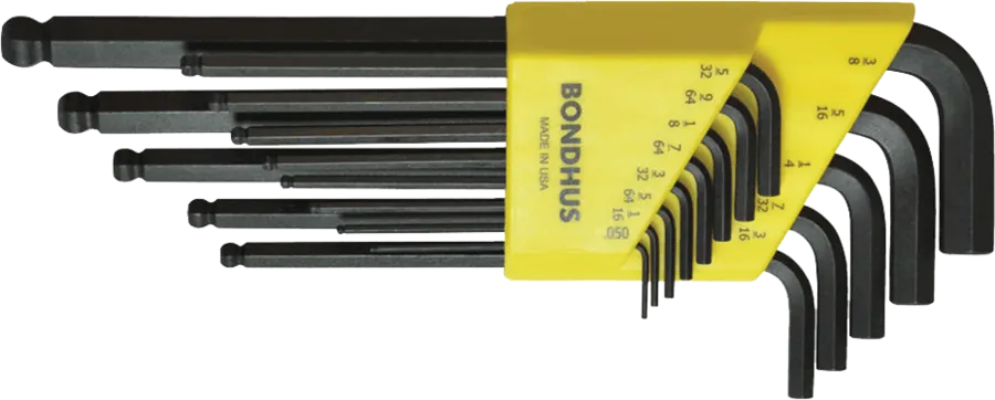 A fanned set of 13 black ball-end L-shaped hex wrenches of graduated sizes held in a yellow Bondhus plastic holder marked 'Made in USA'.