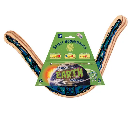 A wooden boomerang toy packaged on a green 'Spirit of Earth' backing card showing a globe graphic and skill-level indicators.