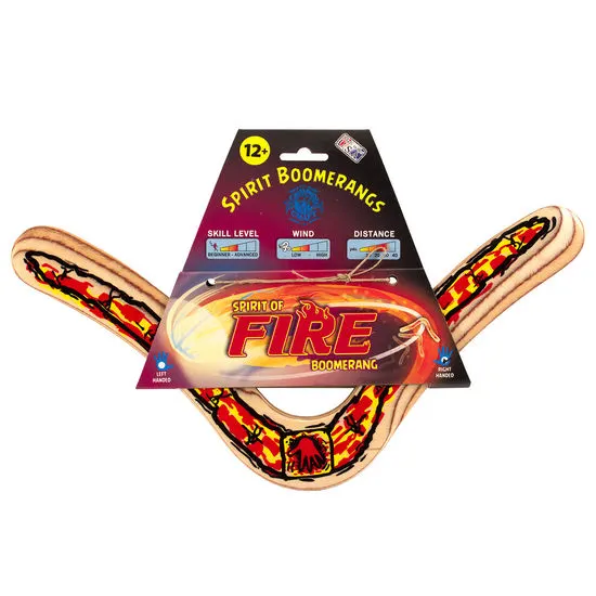 A wooden boomerang toy packaged on a red 'Spirit of Fire' backing card with flame graphics and skill-level indicators.