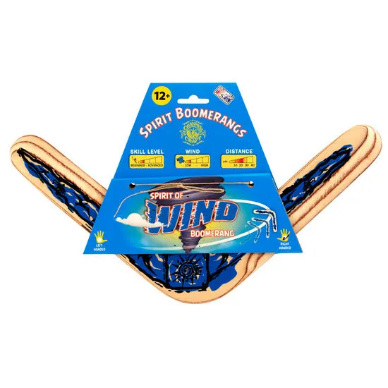 A wooden boomerang toy packaged on a blue 'Spirit of Wind' backing card showing a wind-funnel graphic and skill-level indicators.