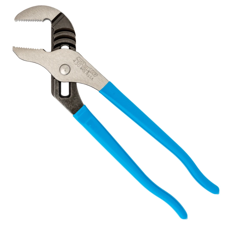 A pair of Channellock 430 straight-jaw tongue-and-groove pliers with blue handles and polished steel jaws, on a white background.