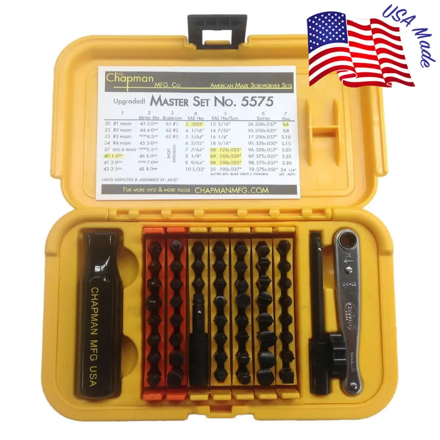 An open yellow Chapman #5575 Master Screwdriver Set case showing rows of black hex, slotted, Phillips, and star insert bits, a driver handle, and a small ratchet.