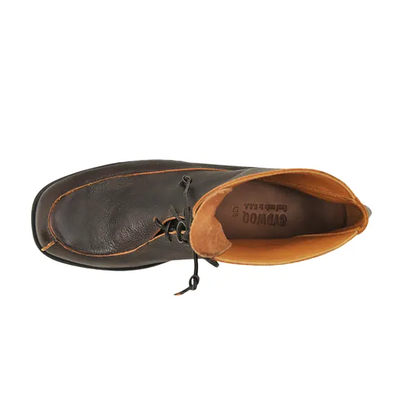 Top-down view of a dark brown leather ankle boot with a tan suede-lined collar and front lacing.