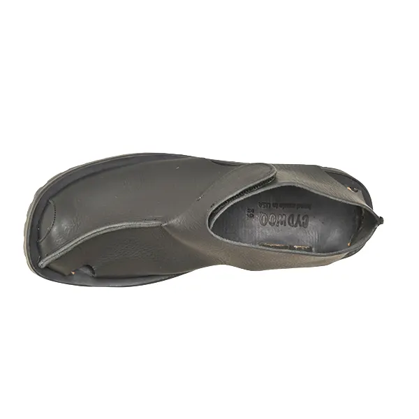 Top-down view of a dark olive-grey leather slip-on shoe with a wraparound V-shaped seam.