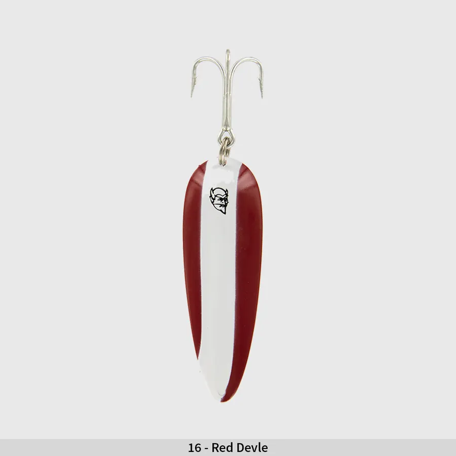 A single red-and-white oval Dardevle fishing spoon with a devil-head logo, hanging from a silver treble hook, on a white studio background.