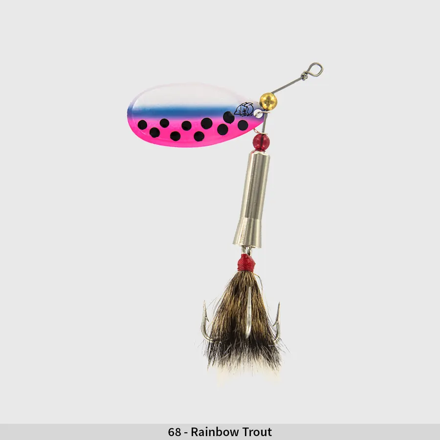 A silver Not-A-Nangle spinner lure with a pink-and-white spotted rainbow-trout-pattern blade and a brown bucktail-hair treble hook dressing, on a white studio background.
