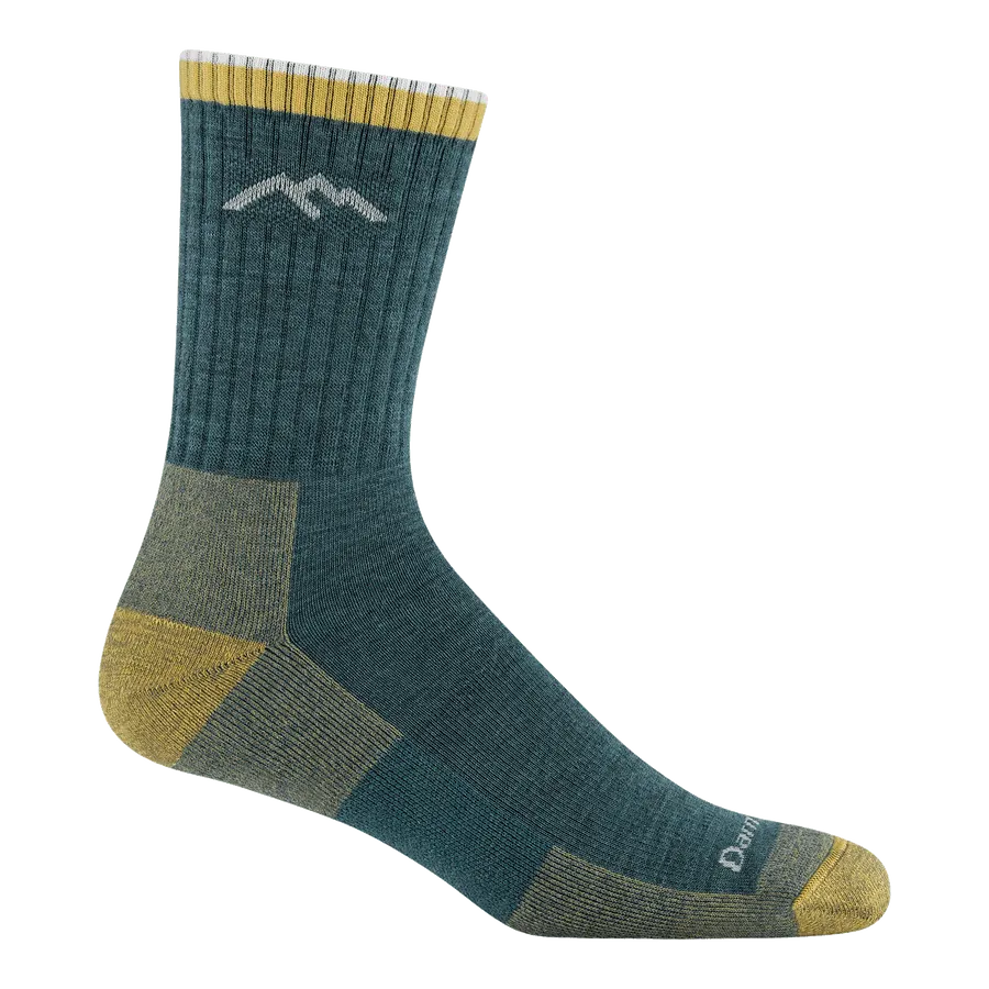 A single ribbed crew-height hiking sock in teal with a mustard-yellow toe, heel, and cuff stripe, shown flat against a white background.