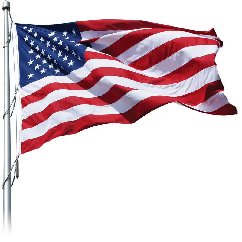 A full American flag flying from a silver flagpole, stars and stripes billowing against a plain white background.