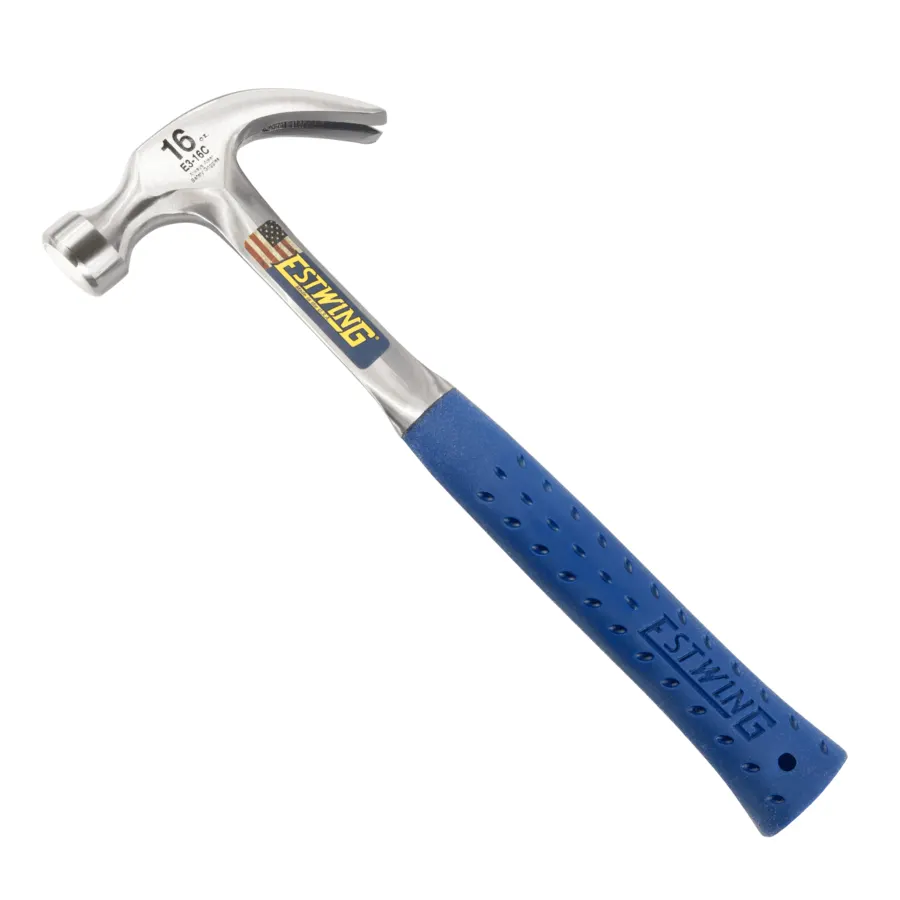 A 16 oz curved claw hammer with a polished forged steel head and neck, blue cushioned grip, and the ESTWING logo on the handle, shot at an angle on white.