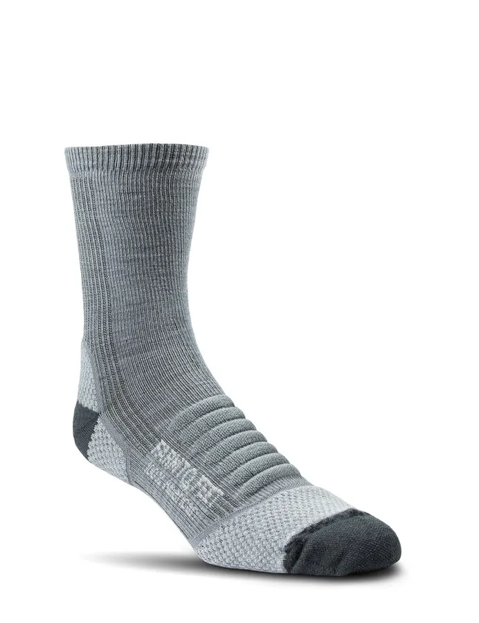 A single gray three-quarter crew hiking sock with a ribbed leg, reinforced dark gray heel and toe, and the Farm to Feet logo knit into the arch, shown on a foot form against white.