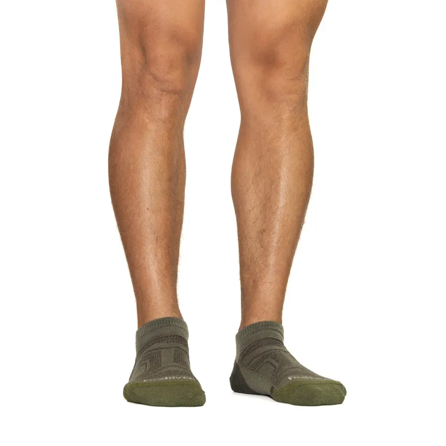 A pair of olive-green ribbed ankle socks worn on bare legs and feet, shown from the knee down against a white background.