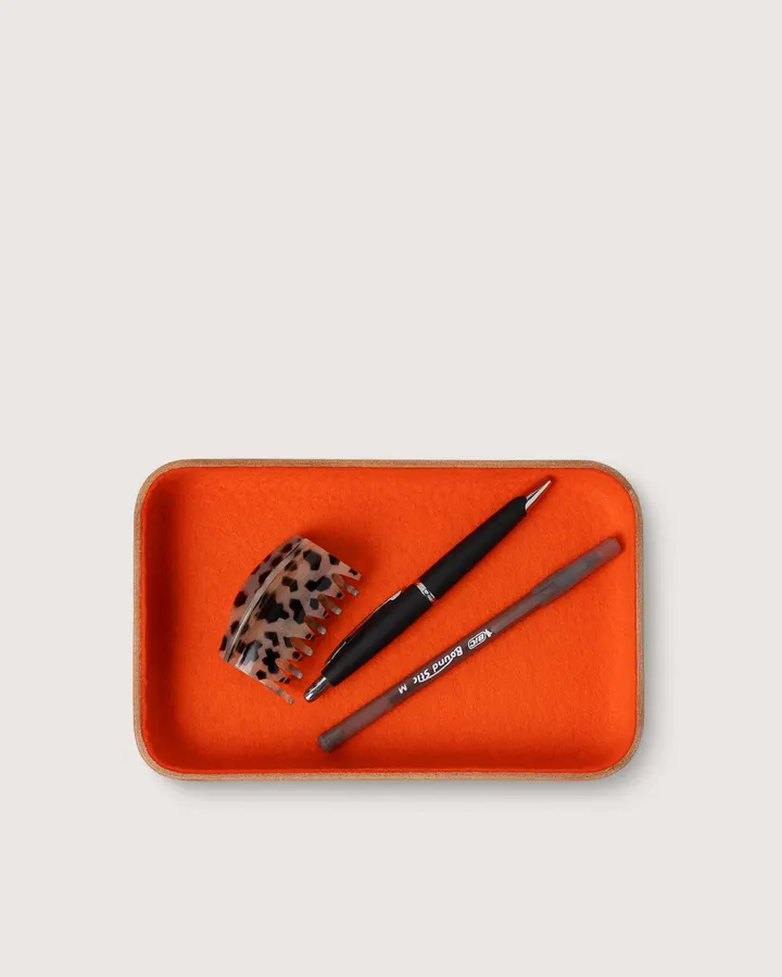 A small rectangular leather-and-felt tray in burnt orange holding a pen, a pencil and a tortoiseshell hair tie, seen from above.