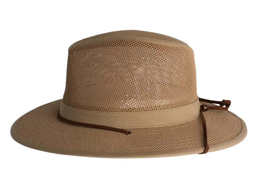 A tan mesh-crown safari hat with a wide brim, shown in side profile with a brown leather chin cord hanging loose, against a white background.