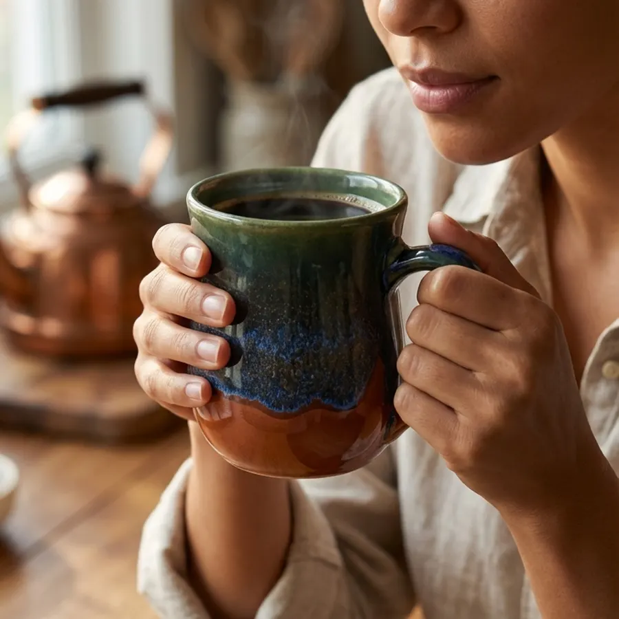 Close-up of a person holding a blue, green, and brown reactive-glaze ceramic mug of steaming black coffee near their face, with a copper kettle blurred in the background.