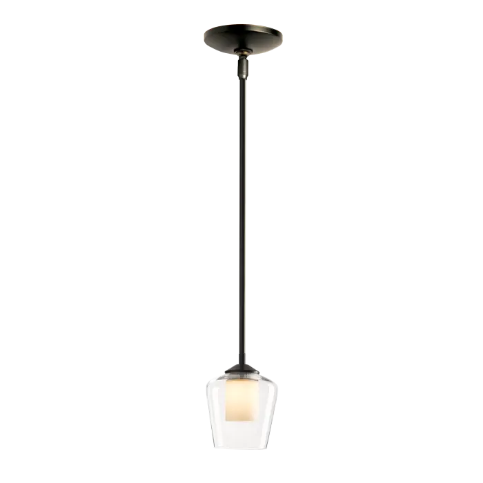 A small pendant light with a clear glass bell shade over a lit white glass diffuser, hanging from a dark metal rod and ceiling canopy, on a white background.