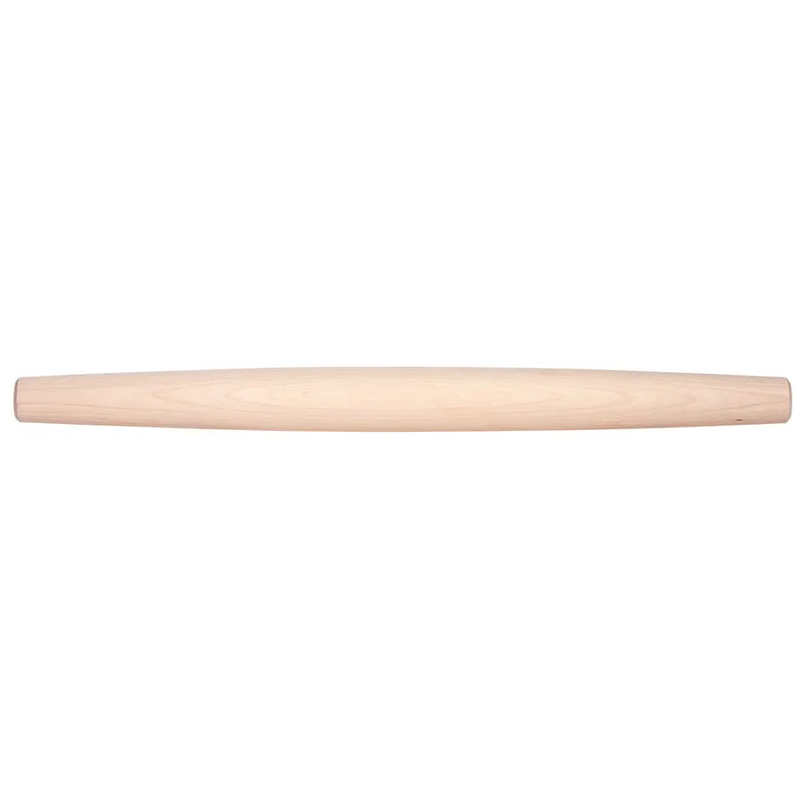 A pale maple wood rolling pin with tapered ends, laid horizontally on a white background.