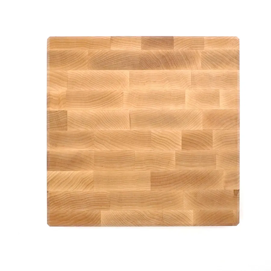 A square end-grain maple butcher block cutting board, showing its checkerboard grain pattern, viewed from directly above on a white background.