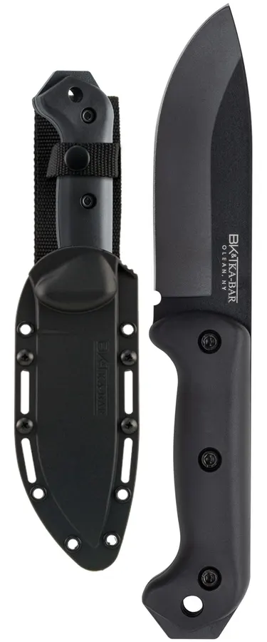 A black fixed-blade knife with a black rubberized handle shown next to its black plastic sheath with nylon strap, on a white background.