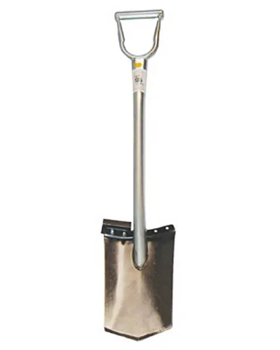 A steel spade with a D-shaped tubular handle and a squared, unpainted blade, shown upright against a white background.