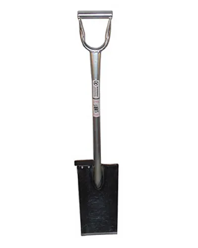 A steel spade with a D-shaped tubular handle and a black powder-coated straight blade, shown upright against a white background.