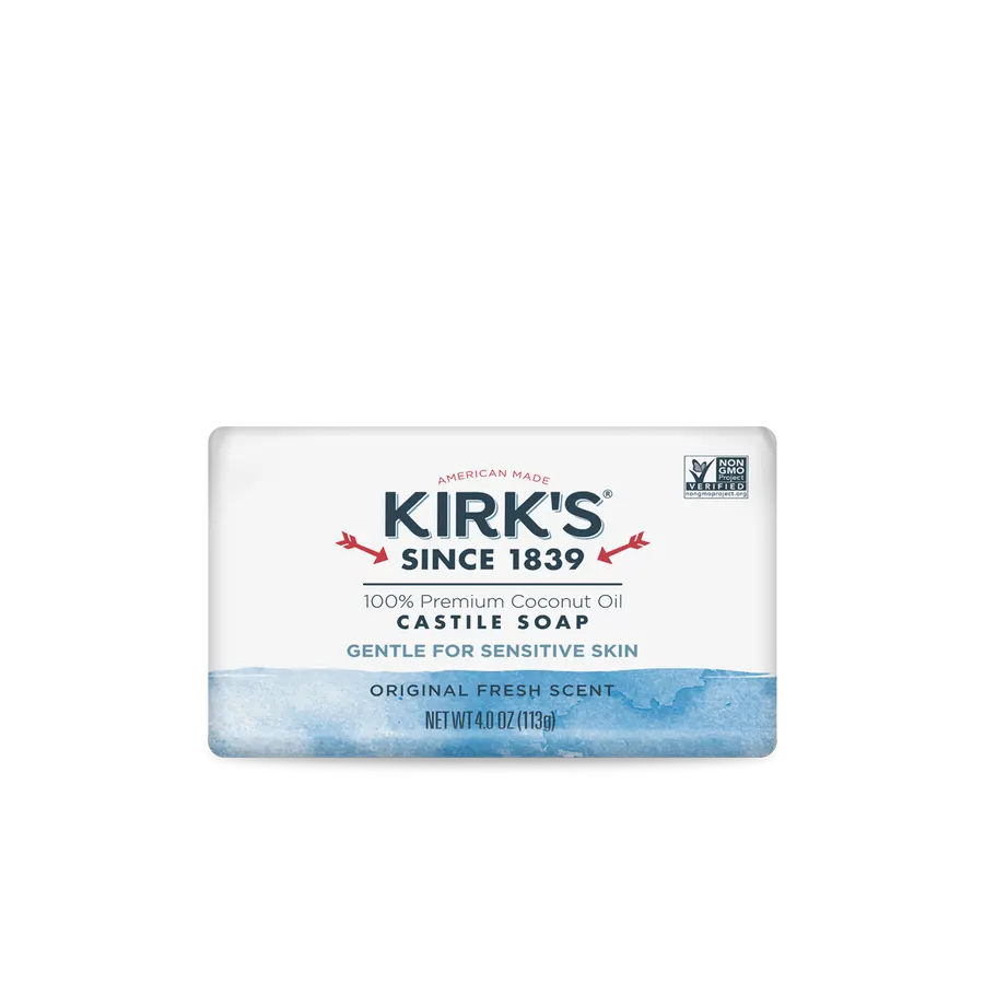A single wrapped bar of Kirk's Original Fresh Scent Castile Soap, white packaging with a blue wave graphic at the base, shown flat against a white background.