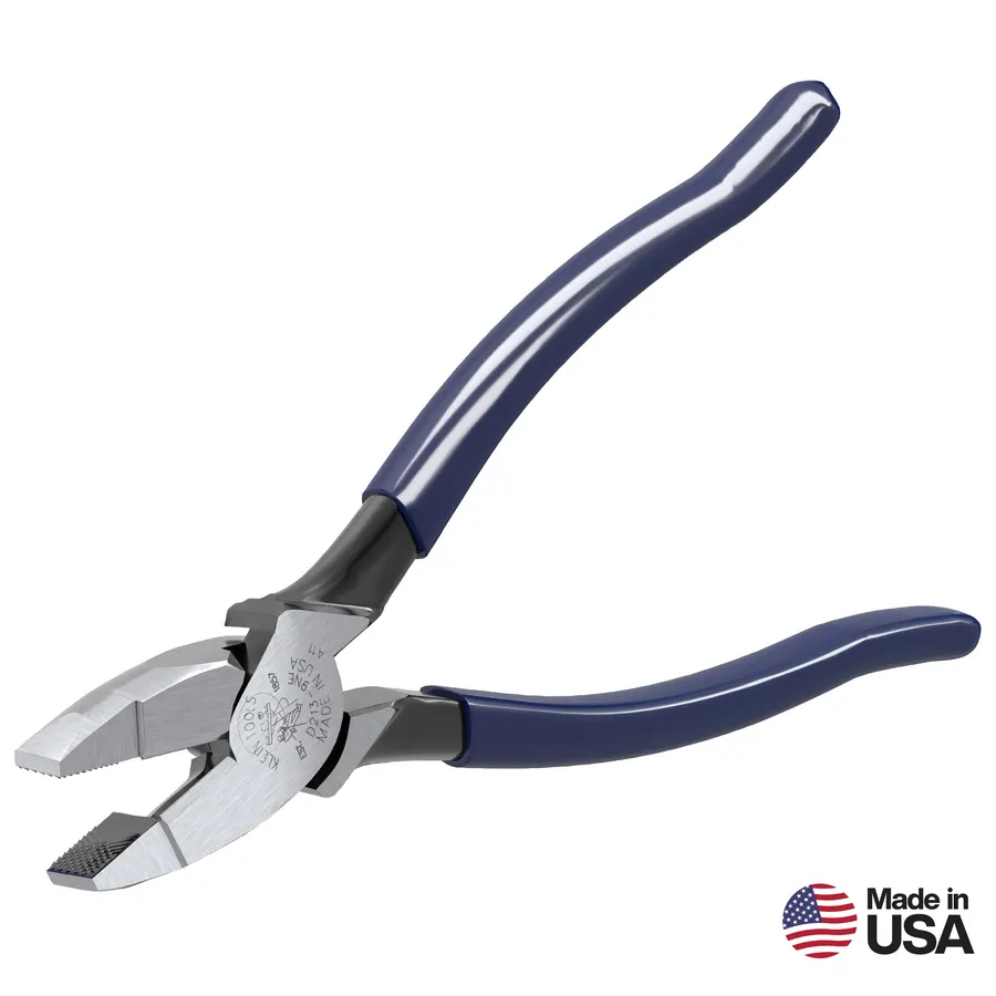 A pair of Klein Tools lineman's pliers with navy-blue dipped handles and polished steel jaws, shown open at an angle against a white background with a "Made in USA" badge.