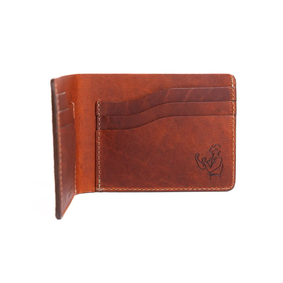An open brown leather card wallet showing card slots and an embossed boxer figure logo, shot on white.