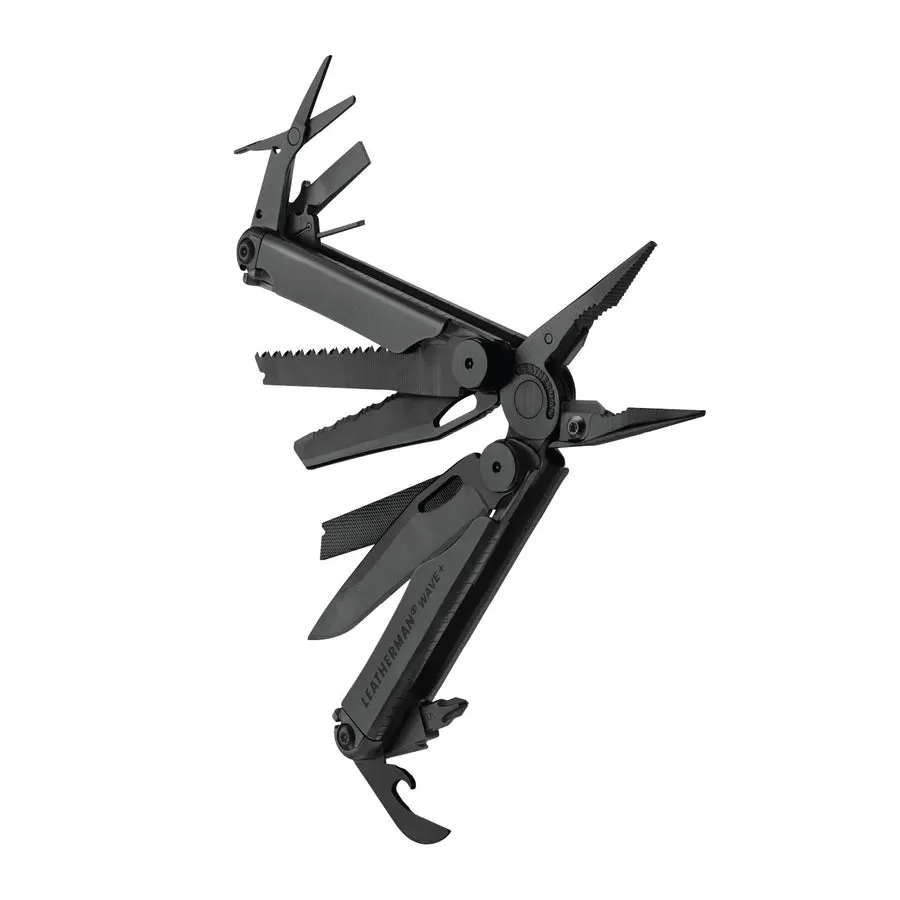 An open Leatherman Wave+ multi-tool in black oxide finish, showing its fanned-out pliers, knife blades, saw, and scissors, shot against a white background.