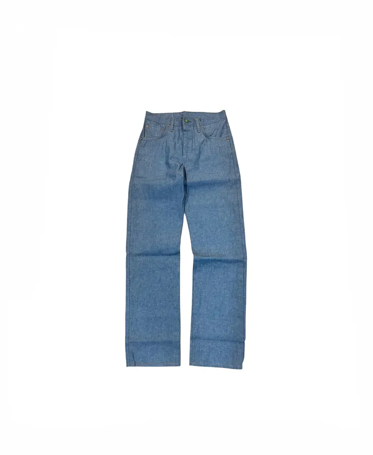 A pair of light-blue lightweight denim jeans laid flat against a white background, showing a straight leg cut with nep texture.