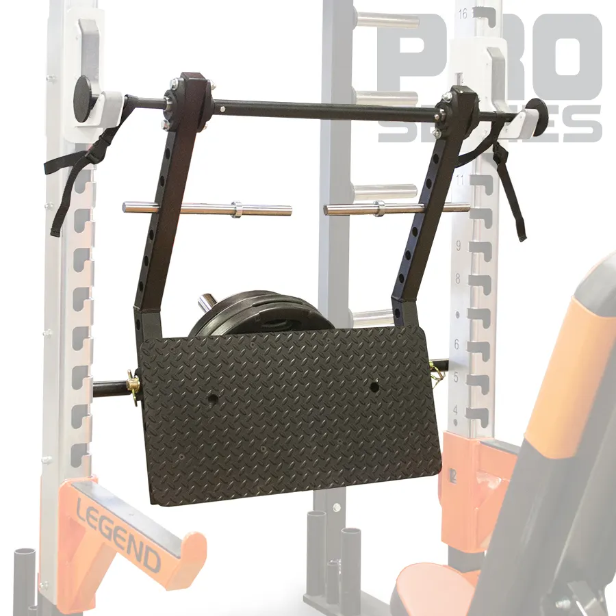 Close-up of a Legend Fitness Smith-machine leg press attachment with a diamond-plate footplate and a weight plate loaded on its post, mounted on an orange-and-silver power rack with the LEGEND name visible on an orange bracket.