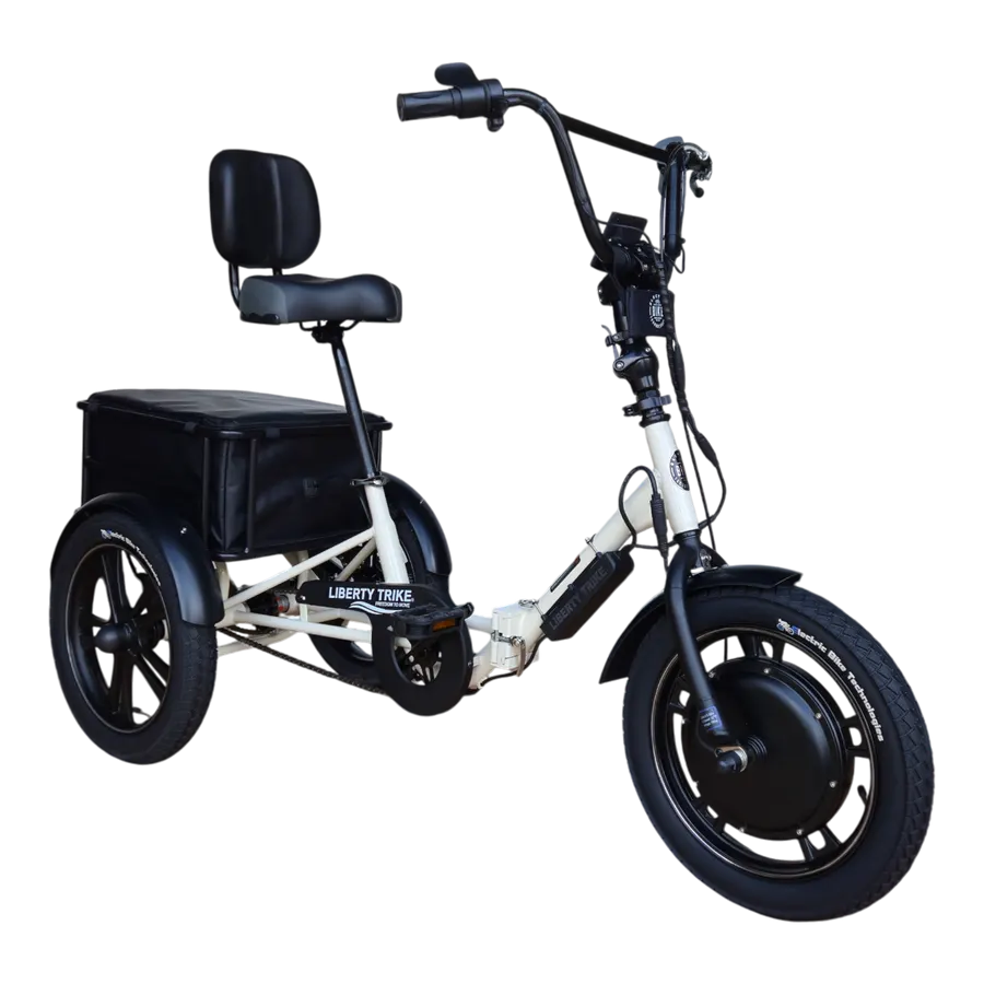 A folding electric tricycle in cream/white with a black rear storage box and backrest seat, photographed at a three-quarter angle against a plain white background.