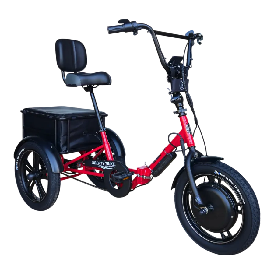 A red folding electric tricycle with a black rear storage box and backrest seat, photographed at a three-quarter angle against a plain white background.