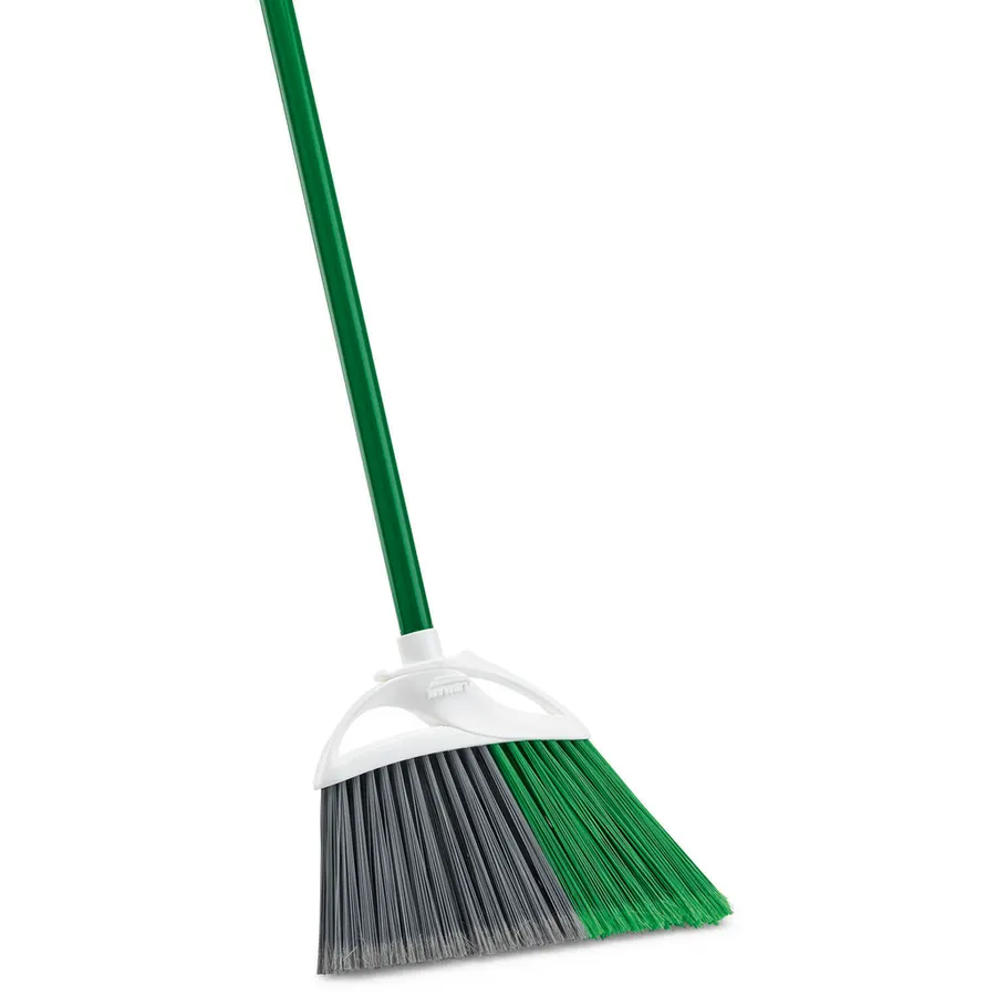 A green angled broom with gray and green bristles and a white handle collar, shown standing against a plain white background.