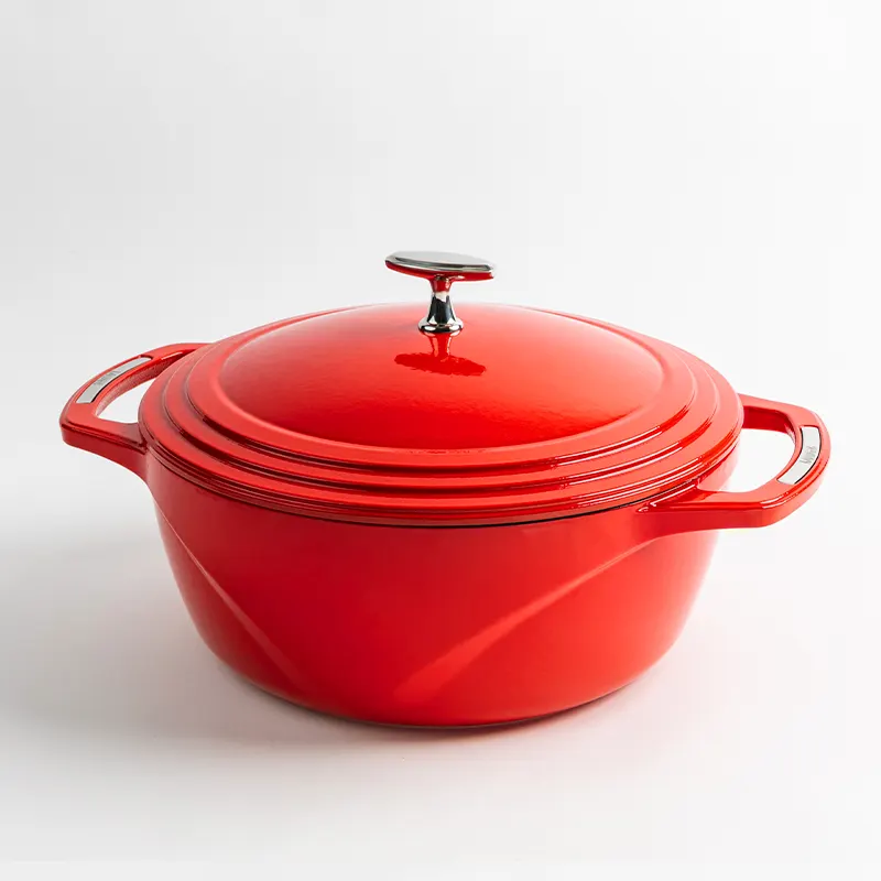 A red enameled cast iron Dutch oven with lid and a chrome knob, shown at an angle on a white background.