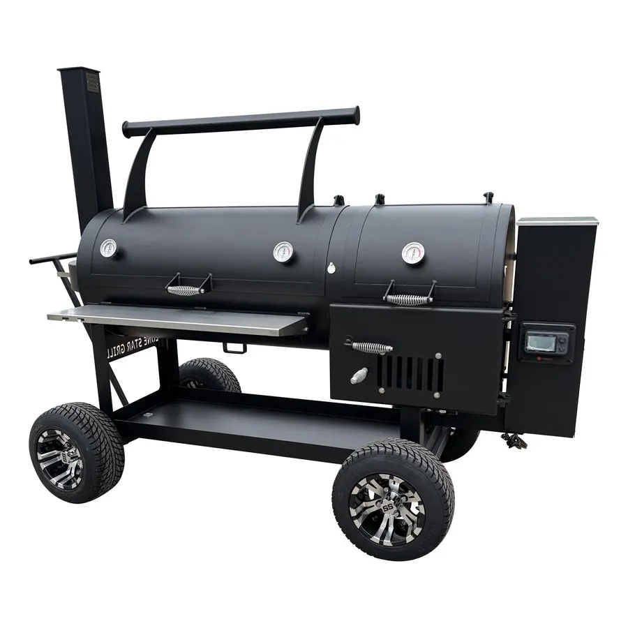 A large black offset barbecue smoker on a wheeled cart, with a vertical smokestack, three round temperature gauges on the barrel lid, and a side firebox with a digital controller.