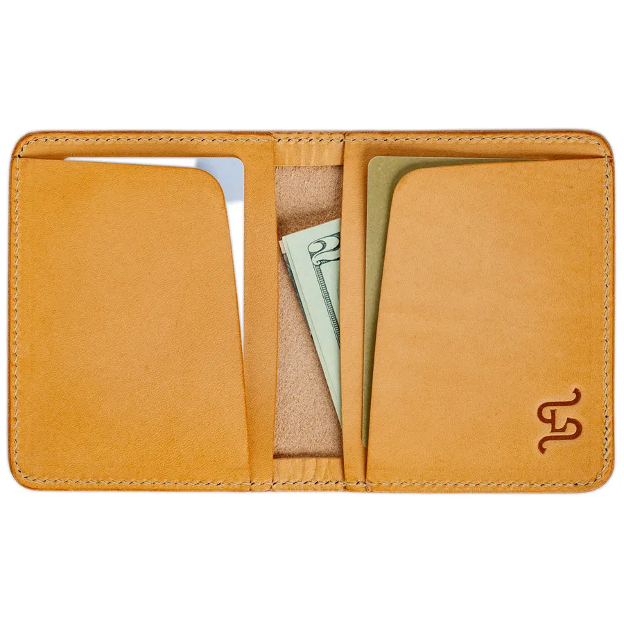 An open natural tan leather bifold wallet with card slots, a cash pocket holding folded bills, and a small embossed logo, on a white background.