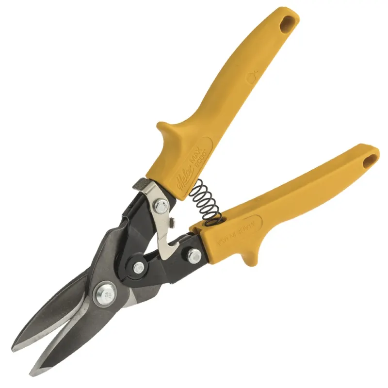 A pair of black and yellow Malco Max2000 aviation snips with combination-cut blades, shown open against a white background.
