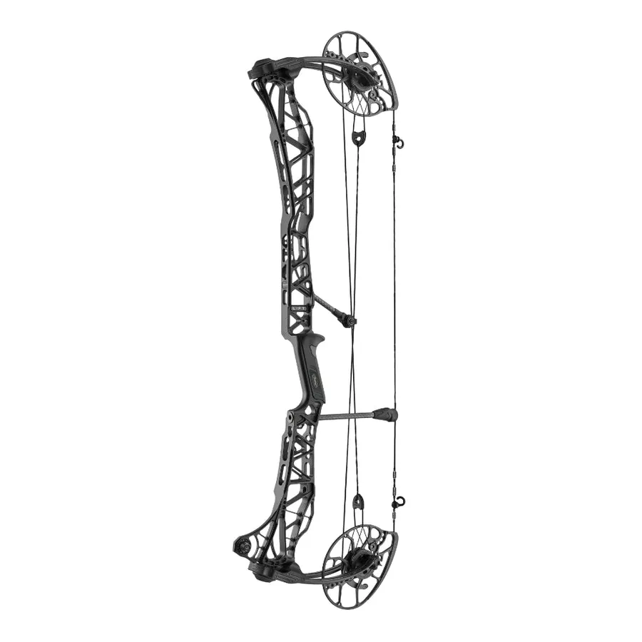 A black compound bow shown in profile against a white studio background, cams and cables visible.