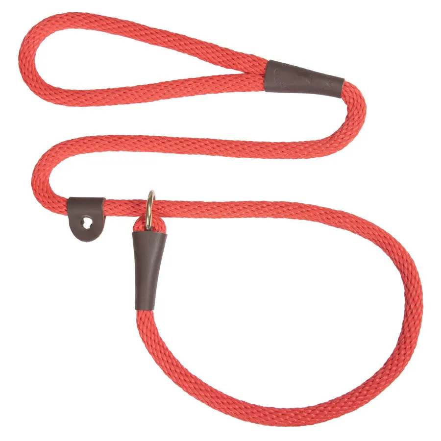 A braided red rope slip leash with brown leather accents, coiled in an S-shape against a plain white background.