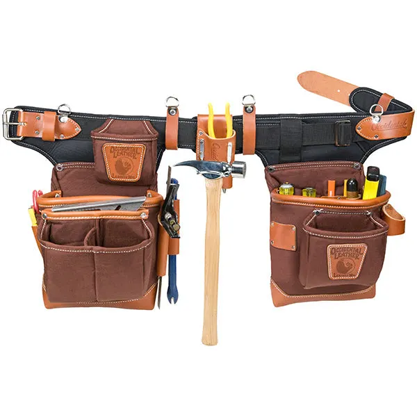 A brown leather and black nylon tool belt set with two large pouches loaded with hand tools, a hammer holder, and a center pencil/tool cup, shown flat against a white background.