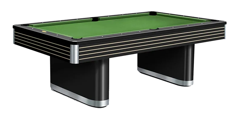 A black pool table with green felt and ribbed chrome-striped rails and pedestal legs, shown at an angle against a white background.