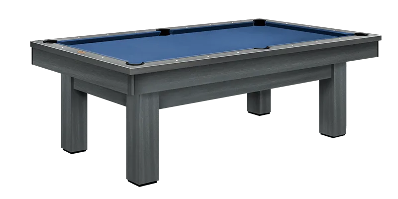 A grey wood-finish pool table with blue felt and straight square legs, shown at an angle against a white background.