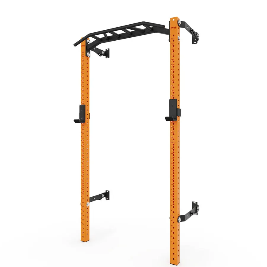 An orange and black folding wall-mounted squat rack with a pull-up bar, shown extended and photographed against a plain white background.