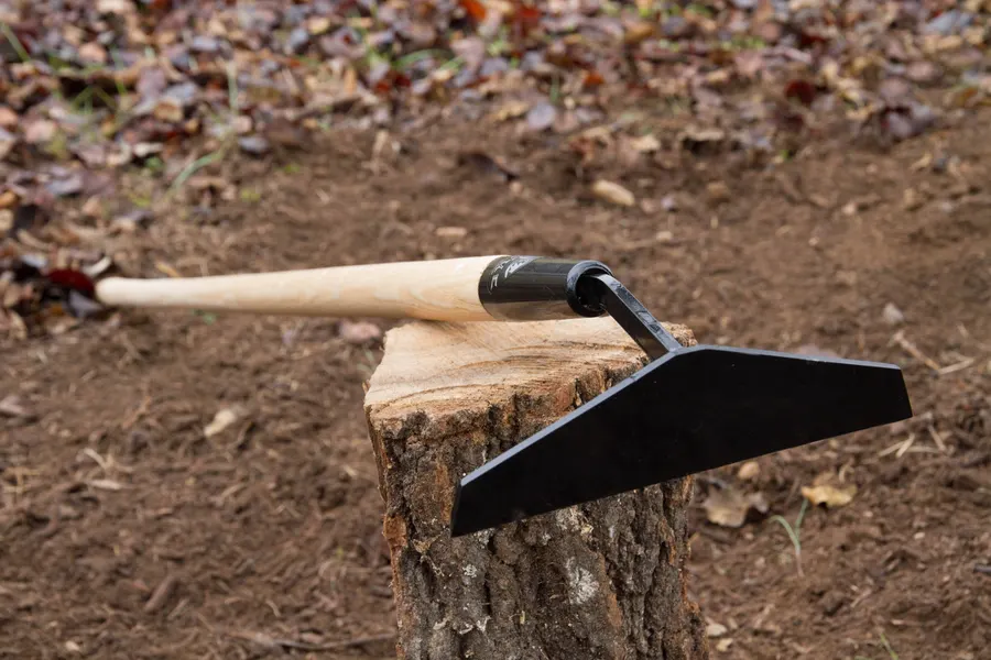 A black Rogue colinear hoe with a wooden handle resting diagonally across a cut tree stump, blade forward, in a leaf-strewn garden bed.
