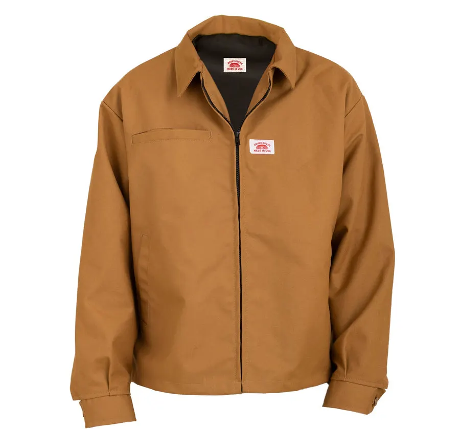 A brown canvas duck work jacket with a Round House Made in USA patch on the chest, shown as a ghost-mannequin flat photo against white.