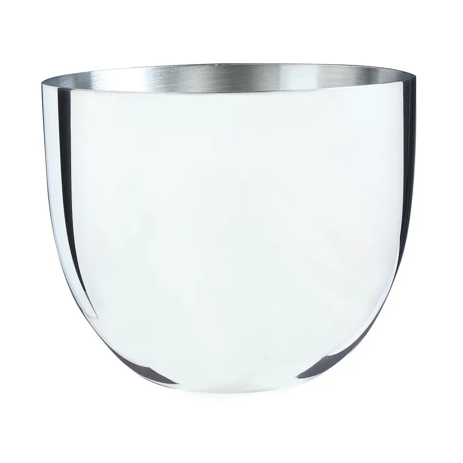 A polished silver pewter cup with a wide flared rim and rounded bottom, shown against a plain white background.