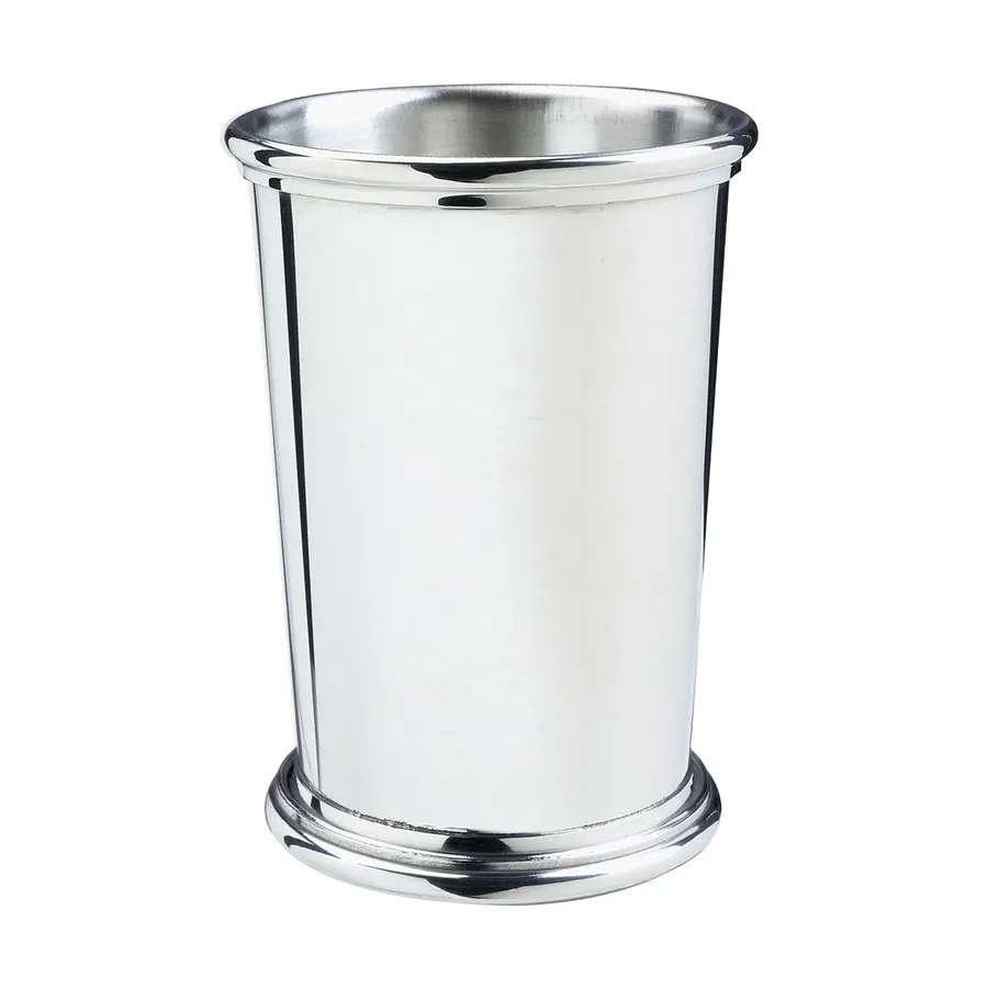 A tall polished silver pewter julep cup with a flared lip and a stepped base, shown against a plain white background.