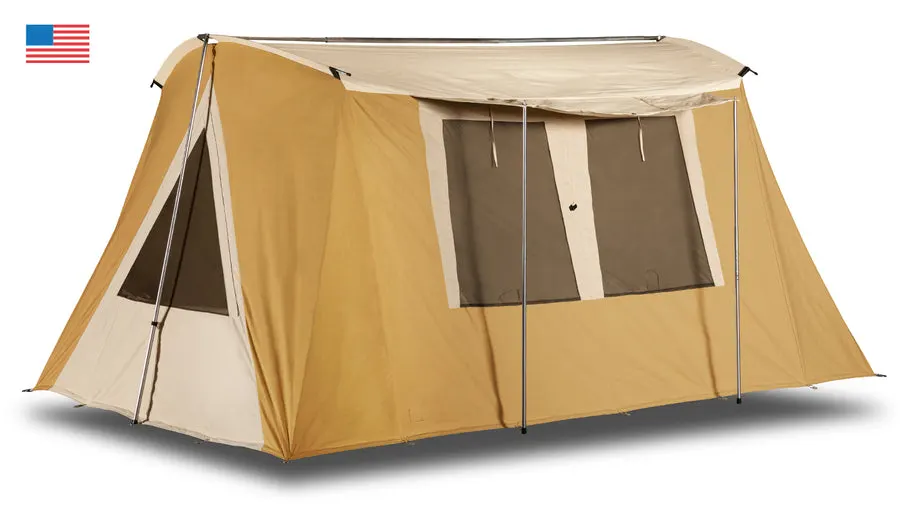 A mustard-gold and cream canvas cabin tent (Skyliner model) with a stovepipe-ready peaked roof and awning, shown at a three-quarter angle on a white background with a small USA flag icon in the corner.